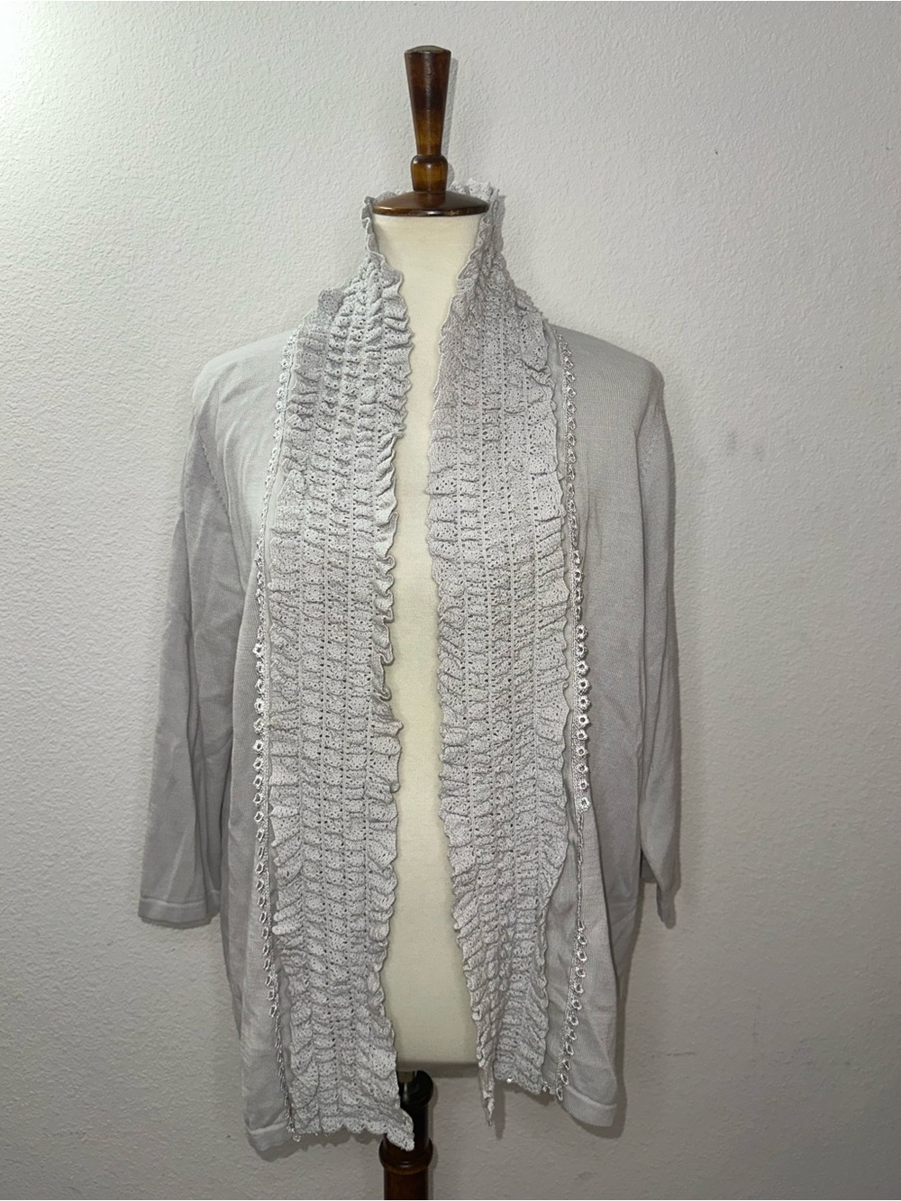 Light Gray Ruffle Open-Front Cardigan Sweater